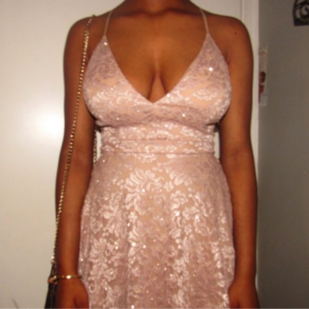 GLITTERY CHAMPAGNE PINK MINI DRESS